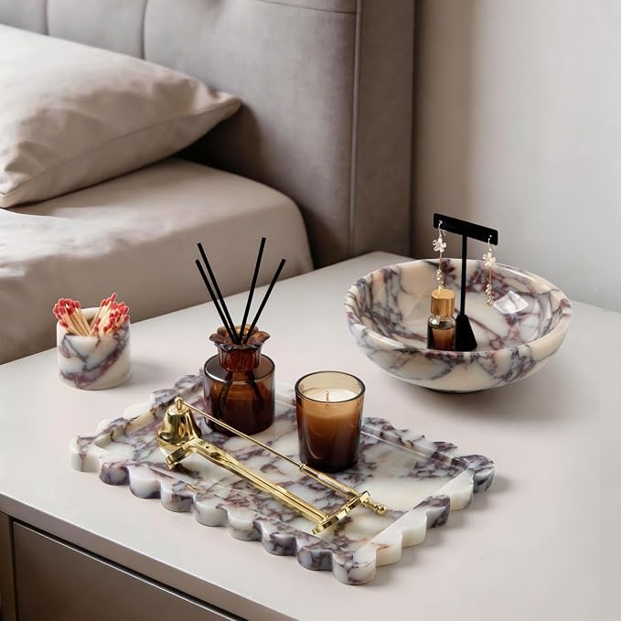 Luxury Natural Scalloped Marble Tray – 11.8 x 7.8-Inch Calacatta Viola Stone Vanity Tray, Elegant Catchall Organizer for Jewelry Perfume Keys, Unique Statement Tray for Bathroom Coffee Table & Dresser