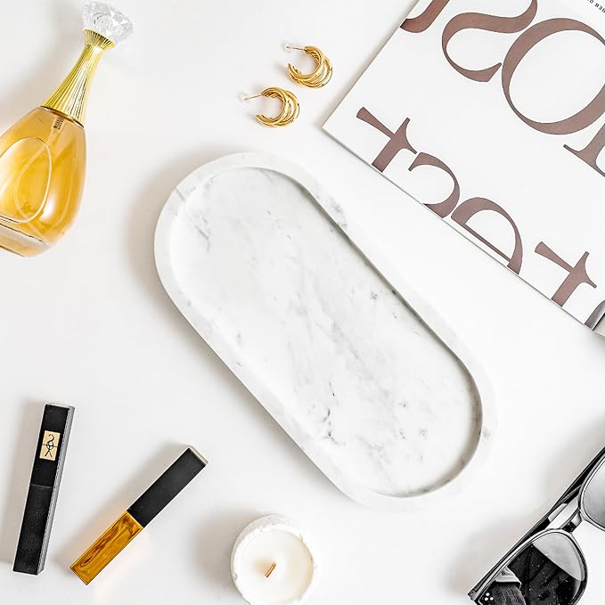 Natural Marble Vanity Tray Waterproof Italy Stone Bathroom Organizer for Perfume, Candles & Jewelry Non-Slip Oval Storage Tray for Spa, Bedroom, Kitchen 9.8" x 4.5" White (BH101)