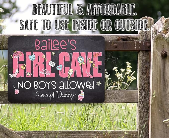 Personalized - Girl Cave - Great Girl Room Decor, Dorm Room Essentials, Preppy Pink Room Decoration, Teen's Room She Shed Sign Gift, Chalkboard Style 8x12 Indoor or Outdoor Durable Metal Sign