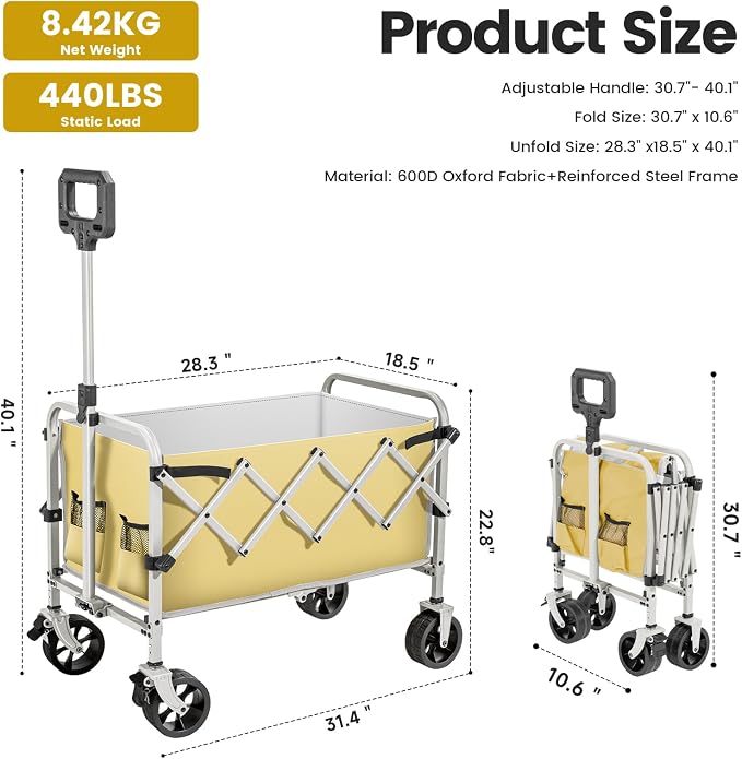 Collapsible Folding Wagon Cart, Heavy Duty Utility Wagons with Wheels,Portable Utility Cart for Camping,Garden,Beach,Sports Yellow