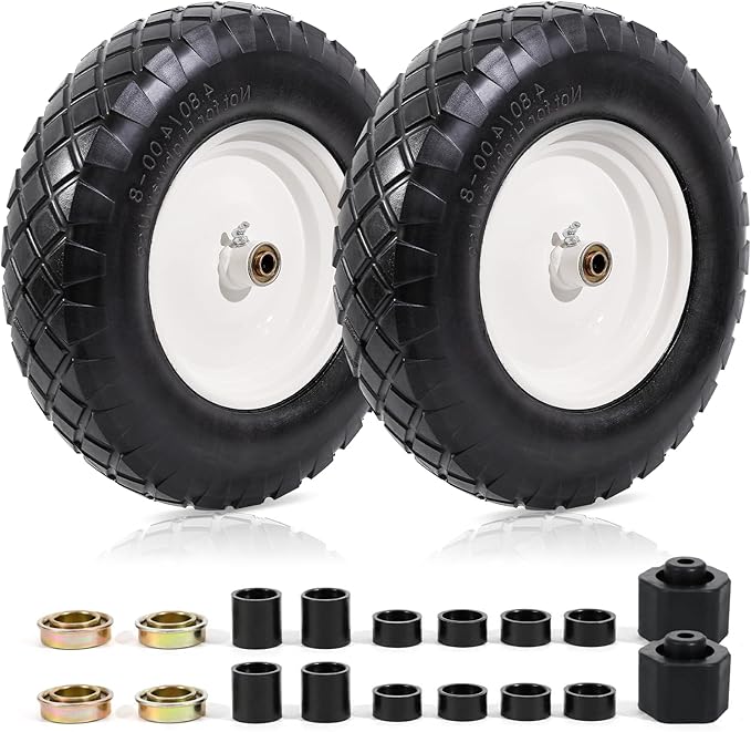 MZREXN 4.80/4.00-8" Flat Free Tire and Wheel, 16" Wheelbarrow Tires | 2 Packs Universal Solid Tires with 5/8" & 3/4" Bearings, 3" Centered Hub for Hand Truck Garden Trailers Utility Cart, White