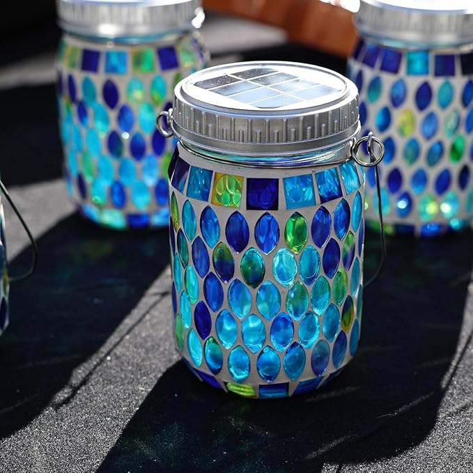 Cooo 3 Pack Mosaic Lanterns Outdoor Waterproof with 215% Larger Solar Panel, Never Rust Lids, True Capacity Battery- Solar Mason Mosaics Jar Lantern for Patio Garden Yard Balcony Christmas Decorations