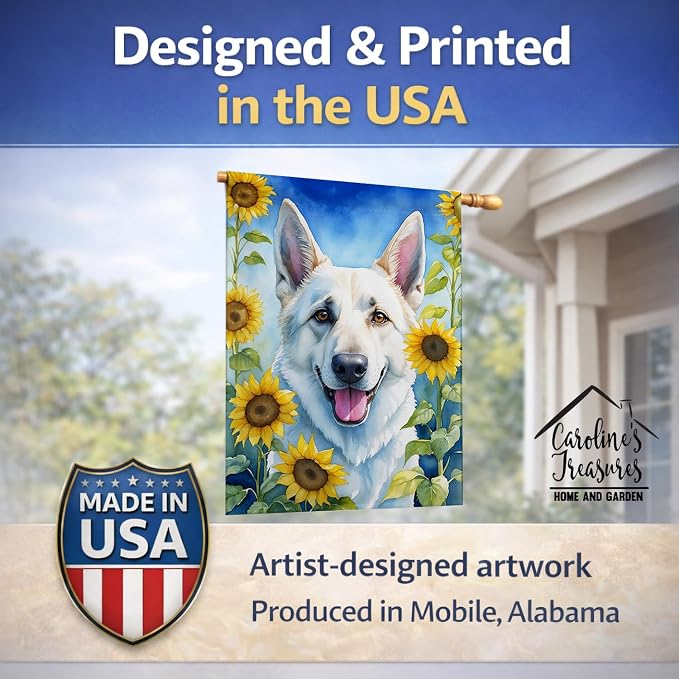 Caroline's Treasures DAC6083CHF White German Shepherd in Sunflowers House Flag Large Porch Sleeve Pole Decorative Outside Yard Banner Artwork Wall Hanging, Polyester, House Size, Multicolor