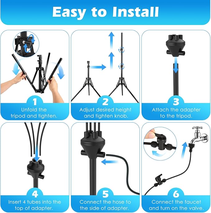 Roylvan Portable Misters for Outside Patio, Standing Misting System for Outdoor, 5.25ft Height Adjustable Stand Mister with 4 Nozzles, Tanning Mister Water Mist Hose Kit for Backyard Garden Pool Patio