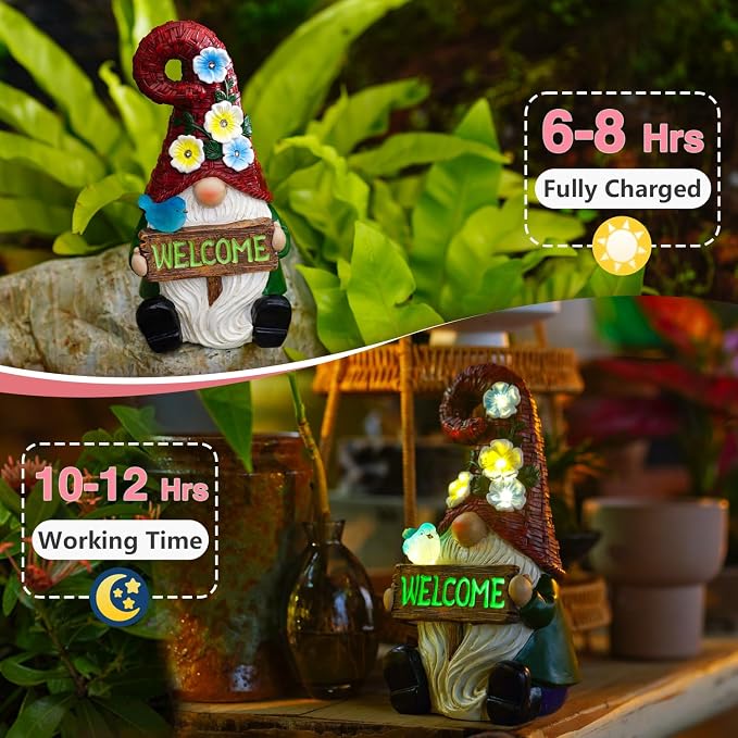Solar Gnome with Wlecome Decor for Yard Decorations | 10 Inch Gnome Statue Decor for Outdoor,Perfect Garden Gifts for Women,Mom