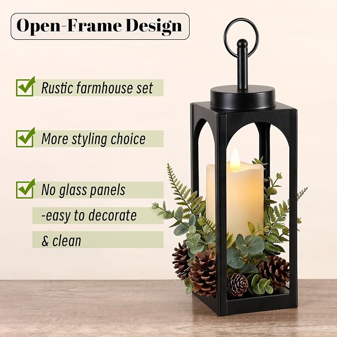 MATAHUM 18" 13" Decorative Lanterns Set of 2, Black Metal Farmhouse Lanterns with Flameless Candles, Outdoor Lantern Decor Indoor Candle Lantern for Fireplace, Porch, Patio, Garden, Wedding
