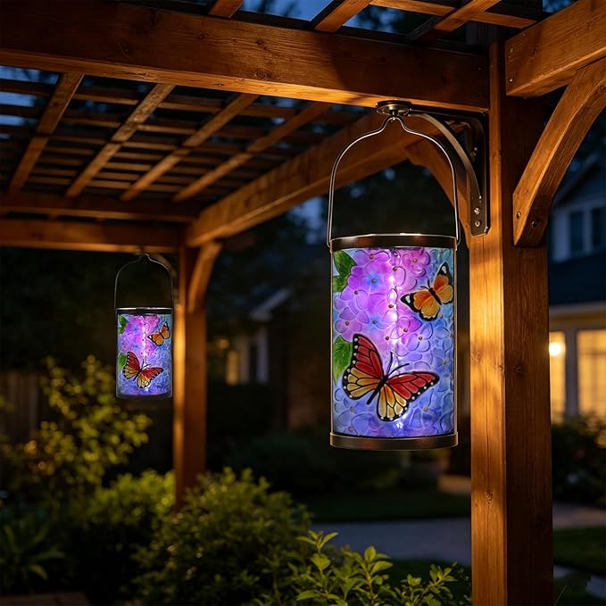 MUMTOP Hanging Solar Lantern Outdoor Waterproof LED Solar Lights Butterfly Decorative Solar Lanterns Tabletop Lamp for Outdoor Patio Garden Yard Decor