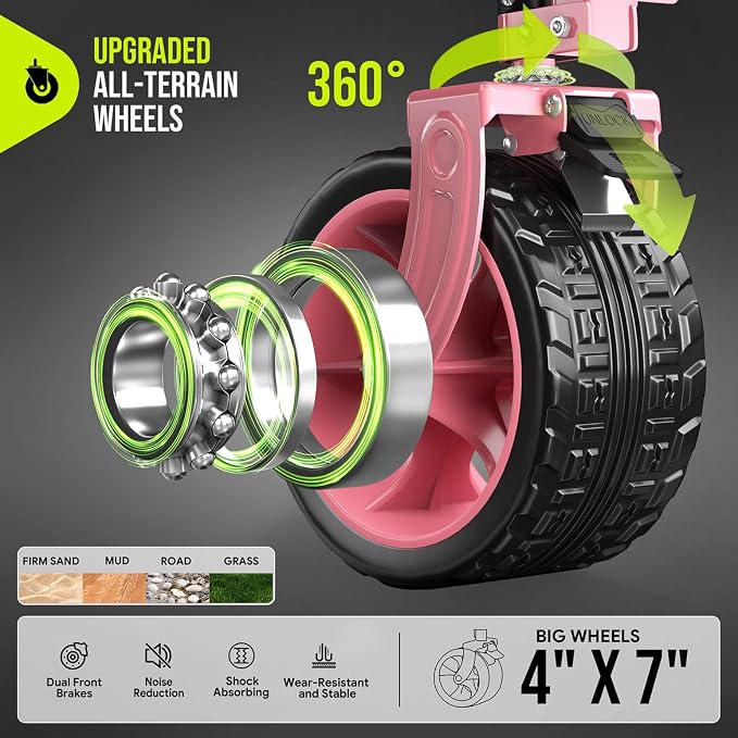 Hikemoon 300L Extra Large Wagons Carts Foldable, 560LBS Heavy Duty Collapsible Beach Wagon 48" Long with Big All-Terrain Wheels, Utility Folding Cart for Camping, Sports, Garden, Pink