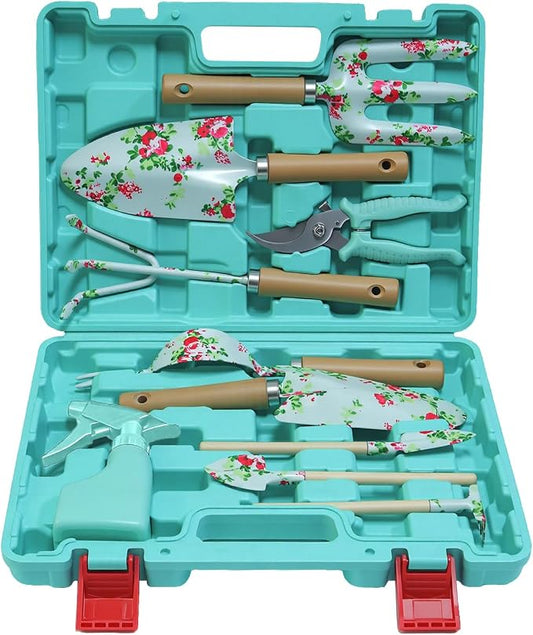 WANCHI Light Green Gardening Set, 10-Piece Garden Tool Kit with Trowel, Hoe, Shovel & Rake, Ideal Gardening Gift for Women, Mom, Grandma | Birthday Gifts for Her | Hand Tools for Small Gardens