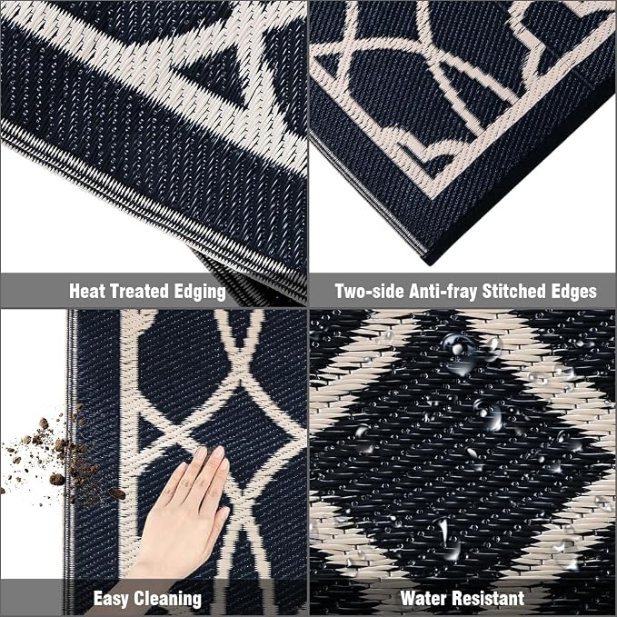 Pendolr 5’x8’ Outdoor Rug Waterproof Carpet Patio Rug Outdoor Plastic Straw Rugs Camping Rug Reversible Outside Outdoor Area Rug for Balcony Deck Backyard RV Picnic Beach Black&Beige 01#