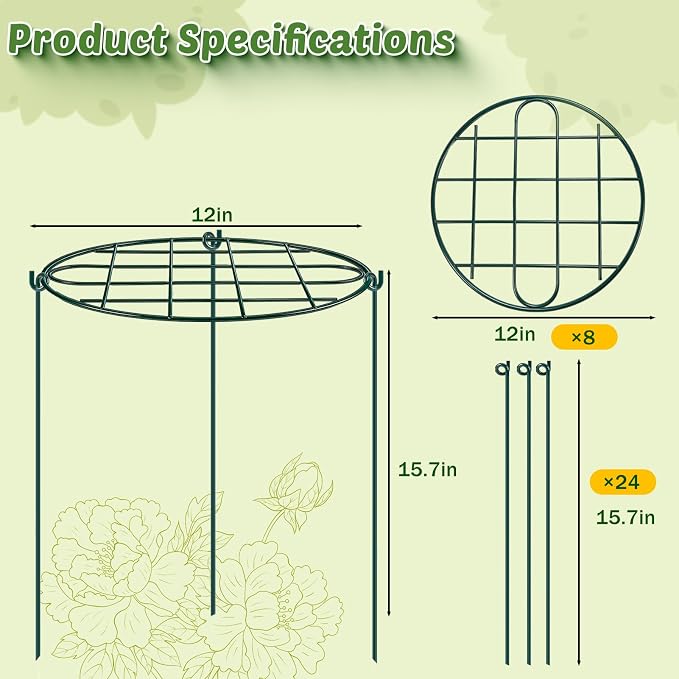 TTQ 8 Pack 12 x 15.7 inch Peony Cages and Supports,Metal Grow Through Plant Supports for Outdoor Plants,Flowers Support Rings Top-Heavy Plant Brace Support Hoop for Vegetables,Rose,Tomato,Orchids