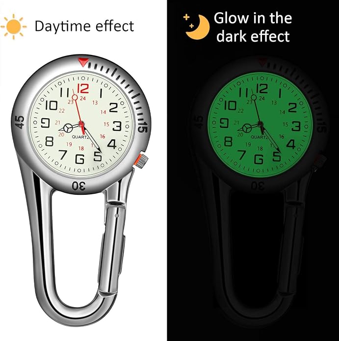 Hicarer 2 Pieces Clip on Quartz Watch Backpack Fob Belt Glow in The Dark Unisex Pocket Watch with White Dial for Doctors Nurses Outdoor Activities