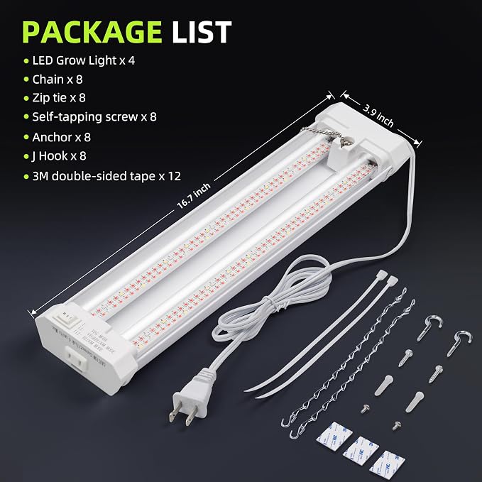 Hlite 4 Pack 16inch Adjustable Full Spectrum Plant Growing Lamps | Hanging Grow Light for Indoor Plants with Shade,Linkable Plug and Hanging with On/Off Switch, Seedling to Flowering
