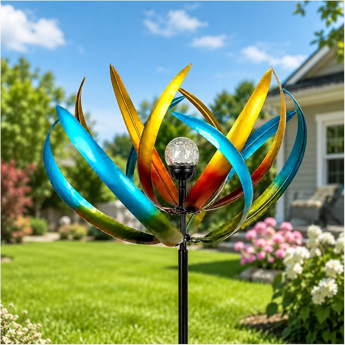 83-Inch Solar Wind Spinner Outdoor Metal, Kinetic Yard Art with Glass Globe | Colorful Rotating Petals And Solar Crackle Glass Globe Create Eye Catching Yard Art For Gardens, Patios, Lawns, And Pathways