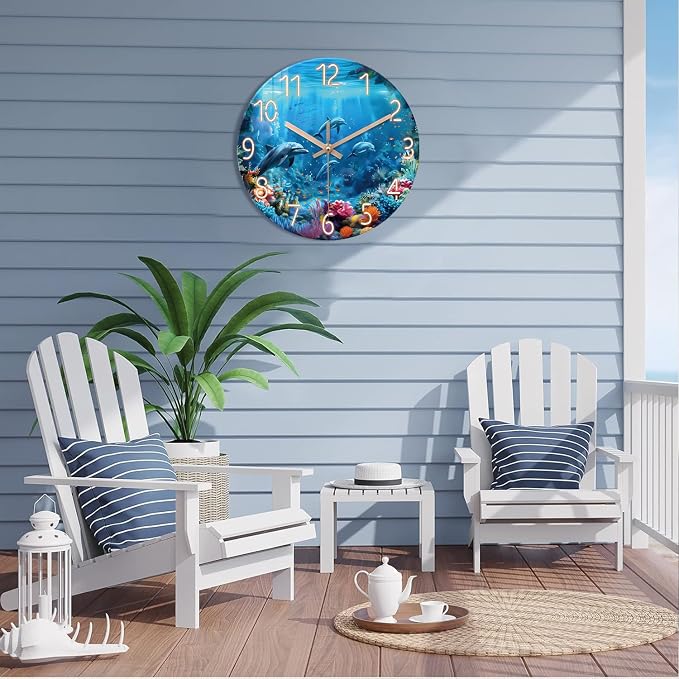 XFM Blue Ocean Wall Clock 24 Inch Round Silent Wall Clocks Battery Operated Nautical Themed Dolphin Tropical Decorative Clock for Living Room Bathroom Decor