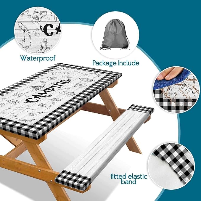 Picnic Table Cover with Bench Covers Checkered Camping Tablecloth, Waterproof Windproof Reusable Picnic Table Covers with Drawstring Bag, Outdoor Patio Camping Essentials, 72In 3PCS