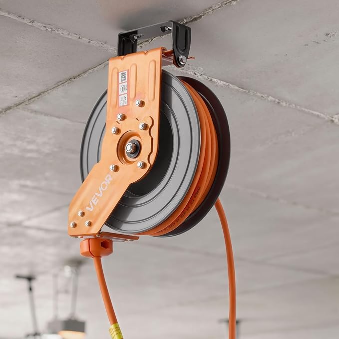 VEVOR Retractable Air Hose Reel, 3/8 Inch x 50 FT Hybrid Air Hose Max 300PSI, Auto Rewind Air-Compressor Hoses Reel with 5 ft Lead in, 180° Swivel Ceiling/Wall Mount for Garage Workshops