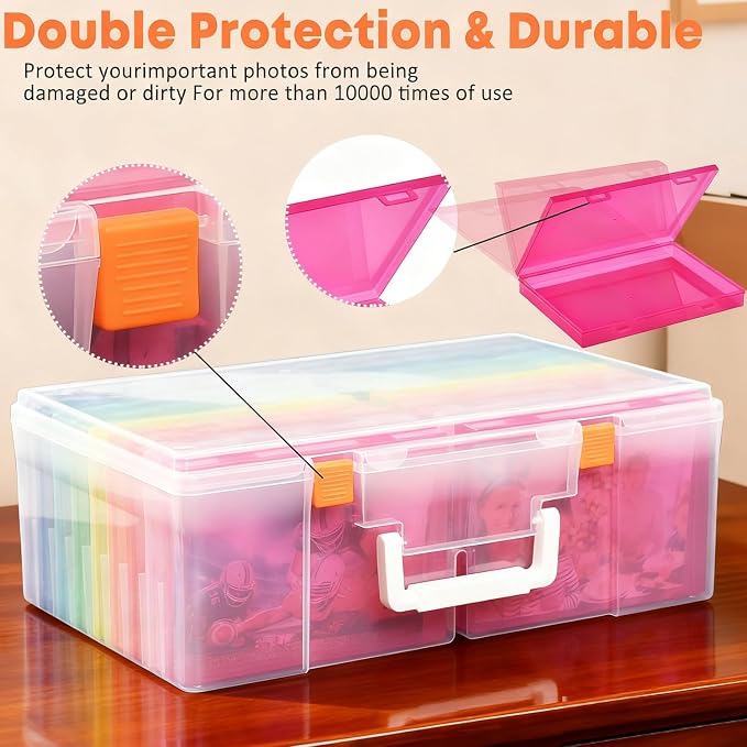 NINU Photo Storage Box with Handle, 5" x 7" Photo Organizer Storage Container with 18 Inner Case and 1 Sheet Blank Labels for Pictures, Arts, Crafts, Sewing, Seeds, Office Supplies (Colorful)