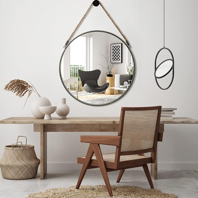 POZINO 30 Inch Large Round Hanging Mirror with Grey Metal Frame | Circle HD Mirror with Jute Rope, Anti-Rust, Farmhouse Decorative Wall Mirror for Entryway, Living Room, Fireplace, Bathroom