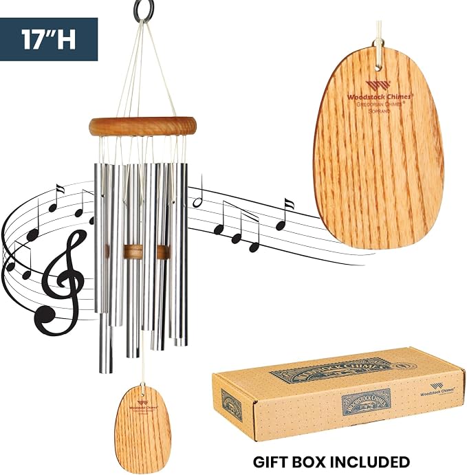 Woodstock Wind Chimes for Outside, Garden, Patio, Porch and Outdoor Decor (17") Gregorian Chimes Soprano Silver Wind Chime (GSS)