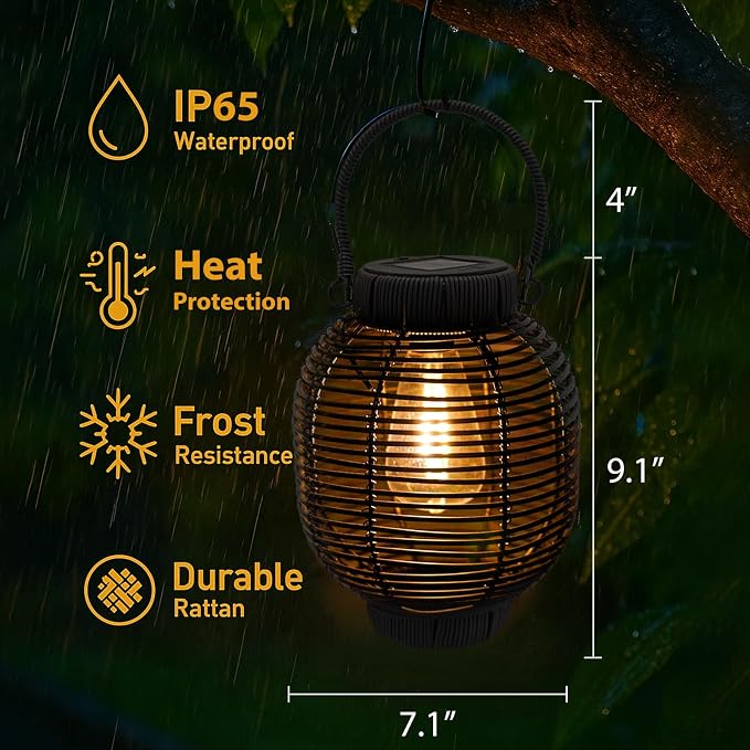 Solar Lanterns Outdoor Waterproof Rattan Solar Lights for Outside Garden Decor Mothers Day Gifts Hanging Lanterns Decoration Outside for Yard, Backyard, Patio Porch, Pathway，Black