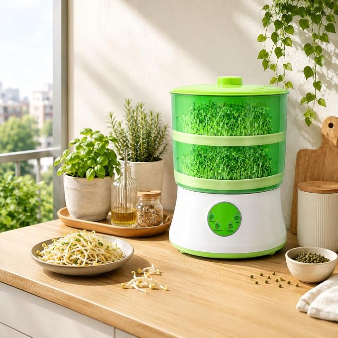 110V Bean Sprouts Machine, Intelligent Automatic Bean Sprouts Maker | 2 Layers Large Capacity Seed Grow Cereal Tool, 3 seasonal temp modes and 360° auto spray for Radish Wheatgrass Broccoli