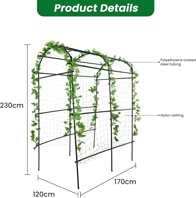 PKBD Tall Garden Arch Trellis for Climbing Plants Outdoor, 7.5 ft Tall Polyethylene-Coated Stainless Steel Garden Arch for Climbing Vine Vegetable/Fruit/Flower, Cucumber Trellis for Raised Bed, Black