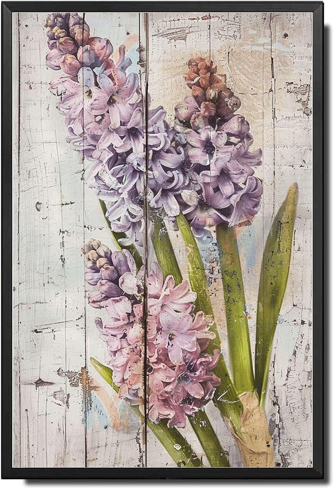 Metal Sign Tin Sign Vintage Wall Art Shabby Chic Hyacinths Tin Sign for Spring Celebrations Rustic Bloom Displays and Distressed Wood Signs for Garden for Pub 8×12 Inches with Metal Frame