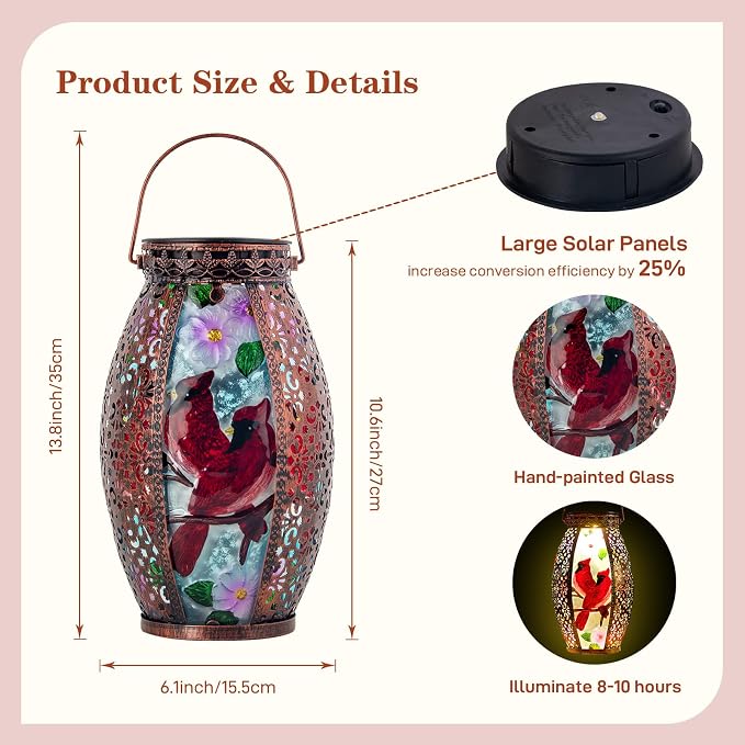 Cardinal Outdoor Solar Lanterns Waterproof 13.8" Large Hanging Solar Lantern Decorative Cardinals Solars Lights for Outside Yard Table Patio Garden Pathway Lawn Cardinal Gifts
