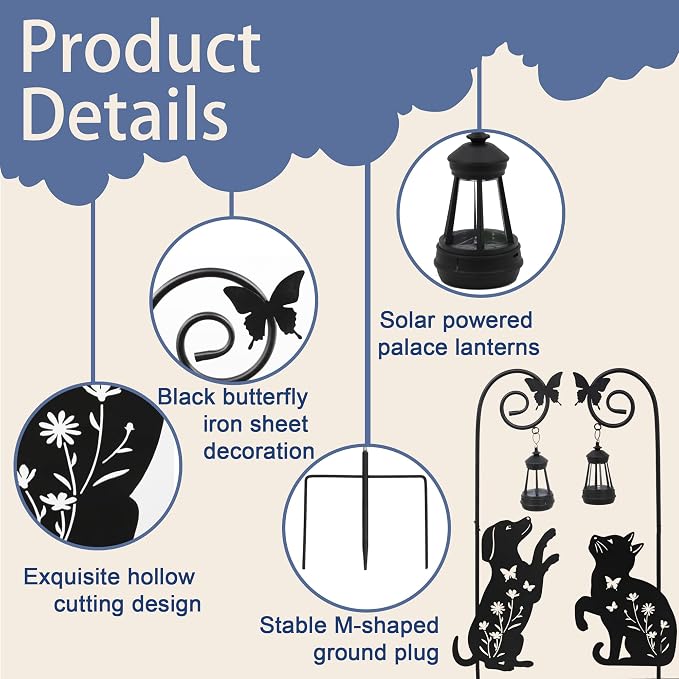 Solar Dog and Cat Lantern Garden Stakes - Outdoor Decorative Solar Lights for Yard, Patio, Pathway - Weatherproof Metal Pet Stake with Auto Night Lighting