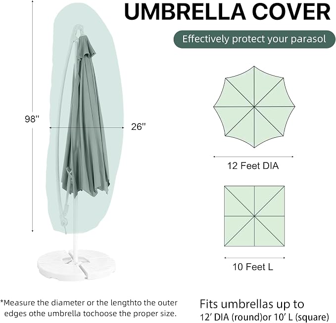 Patio Umbrella Cover, Waterproof Outdoor Umbrella Cover, PU-Coated Polyester Parasol Umbrella Cover with Zipper, Adjustable Strap and a Support Pole, UPF 50+ Windproof Design