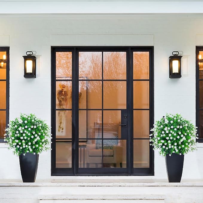 THKFUL Artificial Flower Ball Topiary Trees Outdoor Set of 2 - White Boxwood Ball Fake Plants with Ground Spike,23" Realistic Faux Shrubs UV Resistant for Front Pathway Porch Window Box Decor