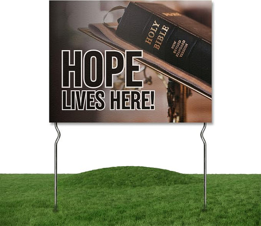 Hope Lives Here! Yard Sign by DC | 24"x18" Double Sided Church Garden Sign with 13” Metal Stakes | Outdoor Signs Waterproof for Lawn, Patio, Sidewalk & House | Set of 2 | Made in USA