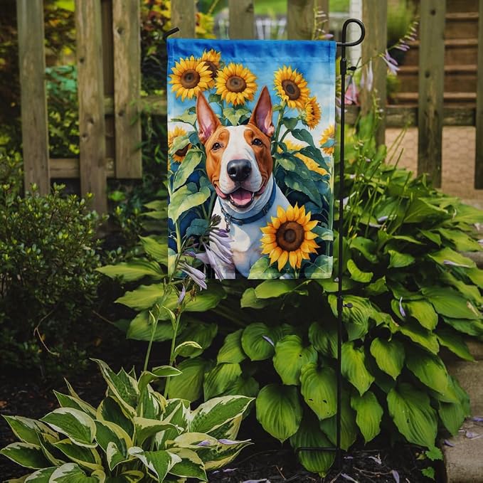 Caroline's Treasures DAC6070GF English Bull Terrier in Sunflowers Garden Flag Mailbox Flag Decorative Yard Flag Banner Outside Patio Artwork Yard Flower Beds, Garden Size, Multicolor