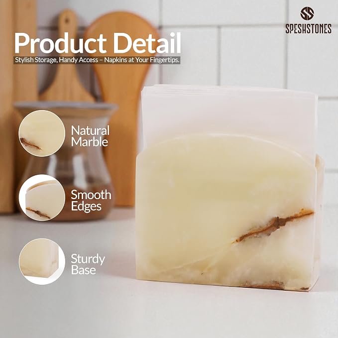 Marble Napkin Holder for Table 6.5 Inch Cream Onyx Stone Organizer for Cocktail Napkins & Tissue Paper – Decorative Napkin Holder for Bathroom, Kitchen Counter, Coffee Bar & Dining Table