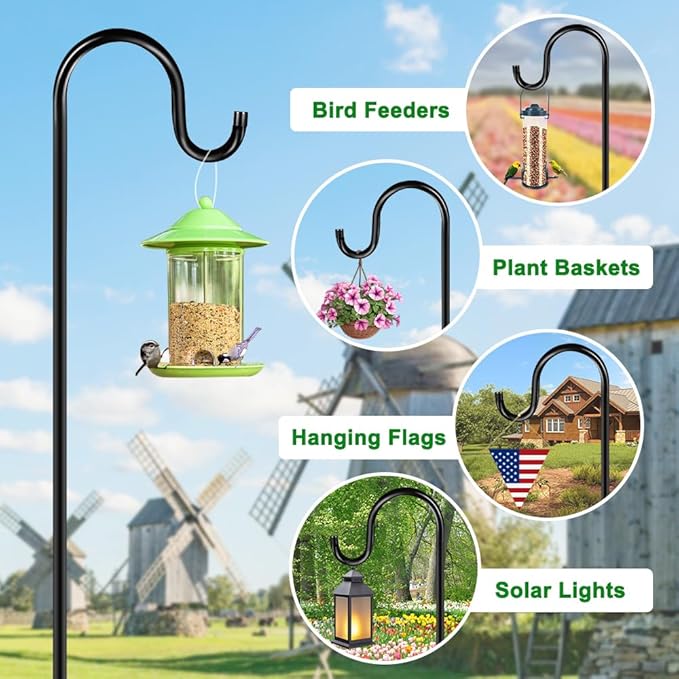 ANIDEER 84" Shepherds Hooks for Outdoor, Heavy Duty Garden Bird Feeder Pole Hanging Bird Feeder, Solar Light Lanterns, Outdoor Plant Hanger Hook with 7 Base Prongs, 2 Packs
