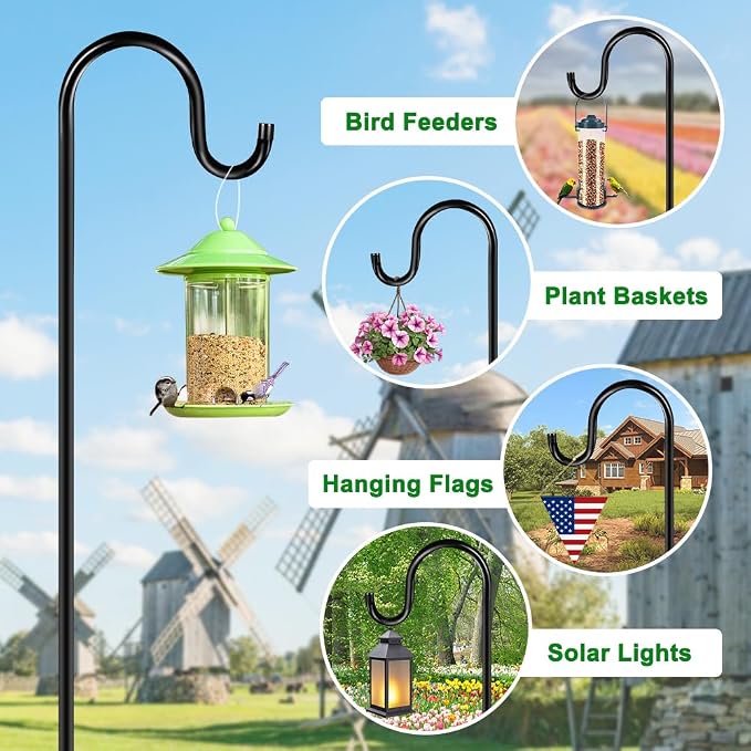 48 Inch Shepherds Hooks for Outdoor, Heavy Duty Bird Feeder Pole with 5 Prong Bases, Garden Hanging Stake for Bird Feeder, Solar Light, Plant Hanger, Wedding Decor, Metal Hanger Hooks, Black, 2 Packs