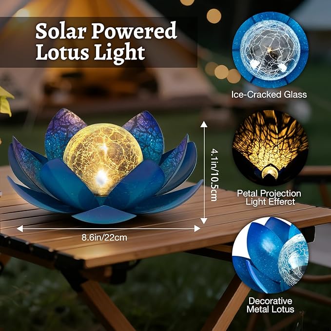 Huaxu Solar Lights Outdoor Garden Decoration Crackle Globe Glass Waterproof LED Metal Blue Lotus Flowers Gift for Mom,Women,Patio,Lawn,Walkway,Tabletop,Ground