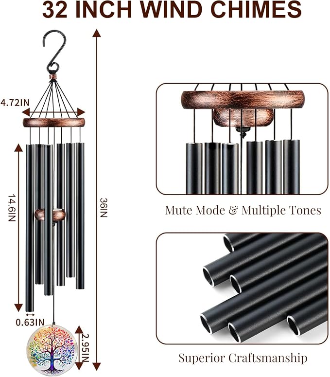 Tree of Life Wind Chimes for Outside, Deep Tone Outdoor Wind Chime with Colorful Wind Catcher, 6 Aluminum Tubes, Garden Porch Patio Decor, Memorial & Birthday Gift (36" Tree of Life)