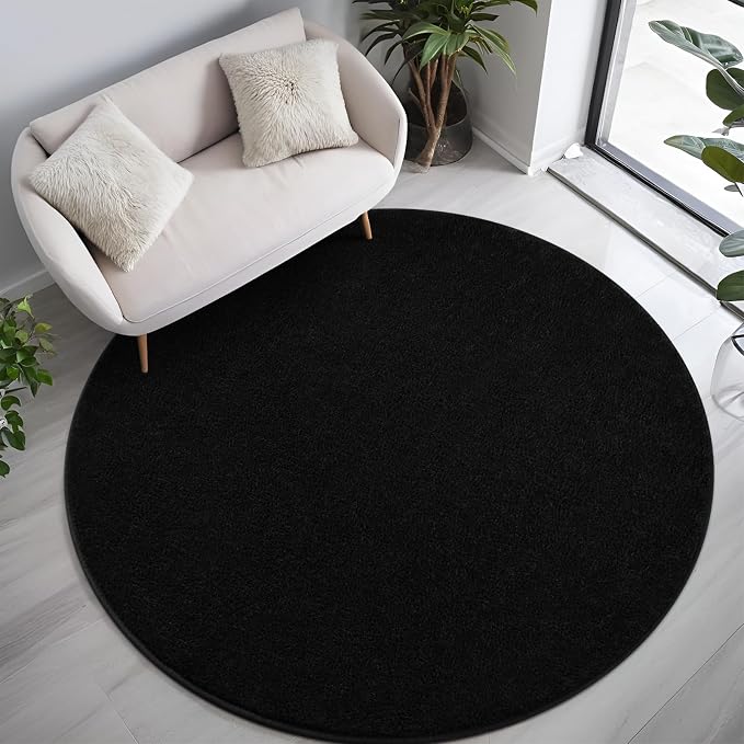4' Black Round Area Rug Modern Solid | Washable Memory Foam, Low Pile Non Slip Indoor Carpet for Living Room Bedroom Office Classroom College Dorm Room Home Decor