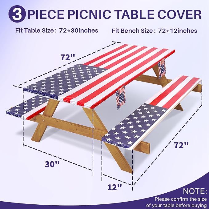 Jobunai Picnic Table Cover with Bench Covers Fitted Elastic Non Slip Water Resistant Camping Tablecloths for 6 Foot Rectangular Tables Travel Trailer Gadgets Summer Garden Supplies Gifts for Couples