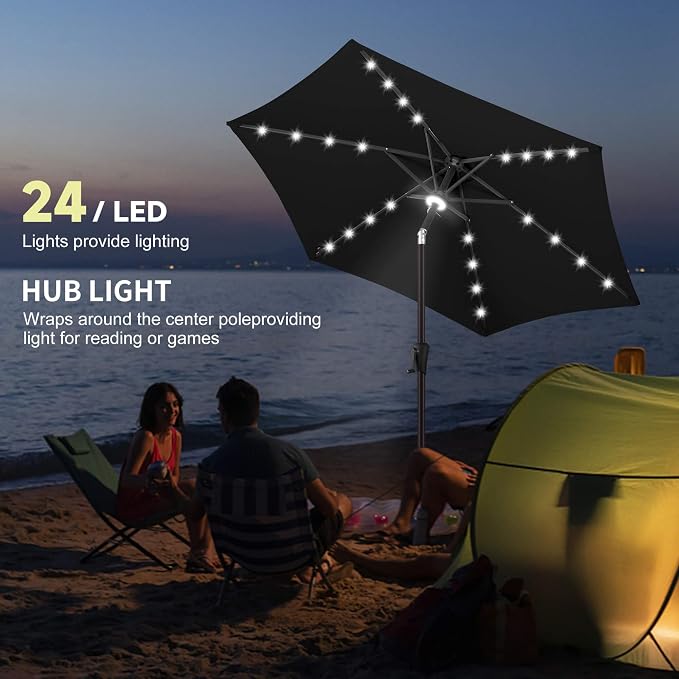 7.5FT Solar Umbrella Outdoor - Lighted Solar Patio Umbrella with 24 LED Lights Waterproof UV Protection, Table Umbrella with Tilt for Pool, Porch, Garden, Deck, Backyard (Black)