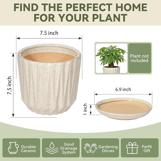 7.5 Inch Ceramic Planter Pot with Saucer Drainage Leak-Proof Mesh,Flower Pots for Indoor Plants with Gardening Gloves,Ceramic Planter (Silk White)