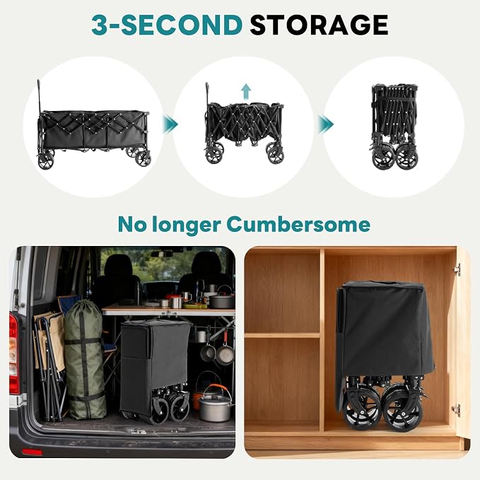 DUMOS 49''L Collapsible Extended Wagon with 440LBS Capacity, Heavy Duty Wagons Garden Cart with All-Terrain Big Wheels & Drink Holders, 250L Foldable Carts for Sports, Shopping, Camping, Black