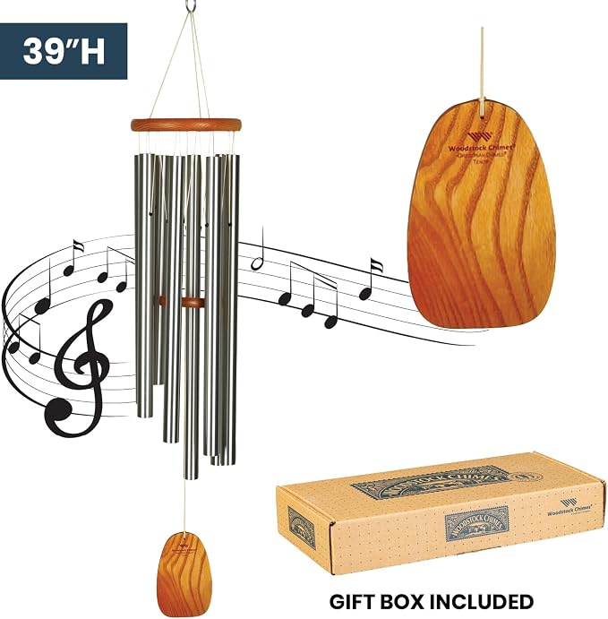 Woodstock Wind Chimes for Outside, Garden Decor, Outdoor Decor for Your Patio and Front Porch (39") Woodstock Gregorian Chimes Tenor Silver Inspirational and Memorial Wind Chime Christmas Gifts (GTS)
