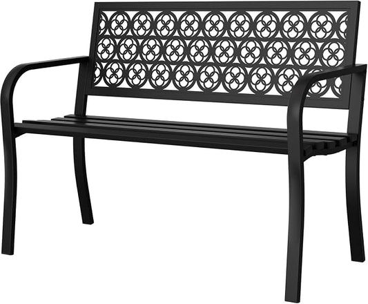 Outdoor Bench Garden Bench, 44" Anti-Rust Patio Bench Clearance, Iron Metal Frame Outdoor Benches Weatherproof for Front Porch, Yard, Lawn, Deck(Clover)