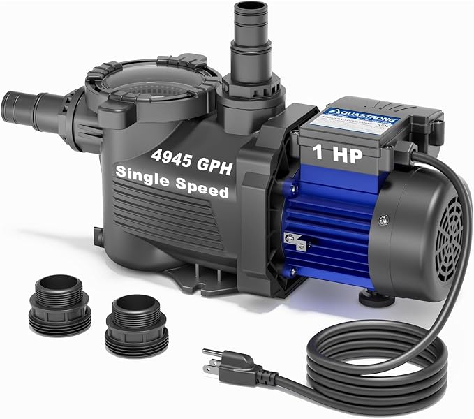 AQUASTRONG 1 HP Above Ground Pool Pump, Single Speed, 1.25"&1.5''adapter, 115V, 4945GPH, High Flow, Powerful Self Primming Swimming Pool Pumps with Filter Basket