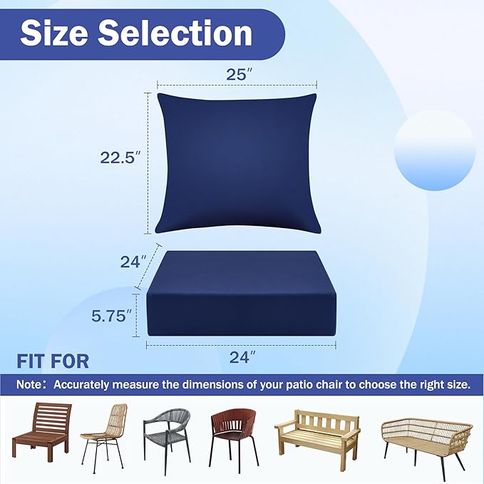 Outdoor Chair Cushions, 24 x 24 Inch Outdoor Cushion for Patio Furniture, Patio Chair Cushion, Waterproof & Fade Resistant Deep Patio Furniture Cushions Set with Handle and Ties, Navy Blue (Set of 2)