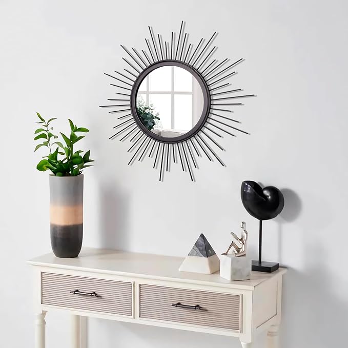 Black Sunburst Spoked Mirrors for Wall Boho Home Round Wall Art Mirror Classic Metal Modern Hanging Mirror Living Room Hallway Bathroom Bedroom Office Vanity Entryway 16"