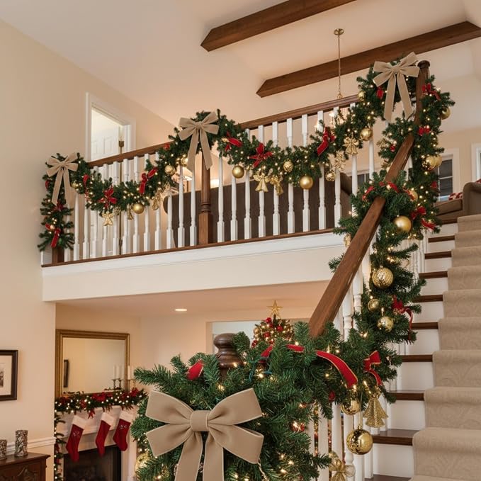 Soulchen 12 Pcs 20 Inches Christmas Garland Ties with Large Velvet Bows Reusable Holiday Wreath Twist Tie Bows for Banister Christmas Tree Indoor Outdoor Party Decorations (Khaki)